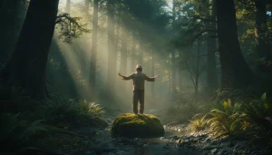 Uomo che pratica forest bathing toccando la corteccia di un albero in una foresta di conifere con raggi di luce filtrati.