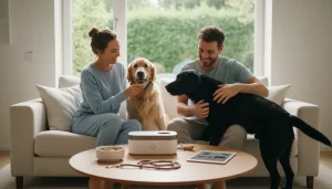 Un cane felice seduto sul divano con i suoi proprietari in un ambiente domestico accogliente.